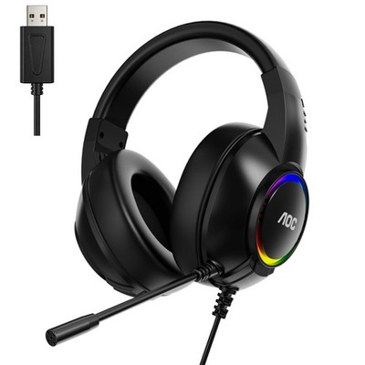 Gaming Headset, Black Wired Gaming Headphones with 50mm Drivers, RGB USB Cord...