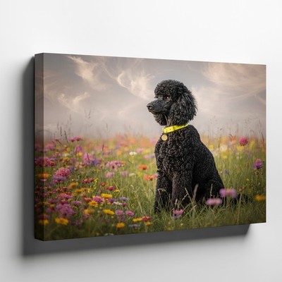 Black Poodle Sitting in Wildflower Field Canvas Wall Art Print for Home Decor