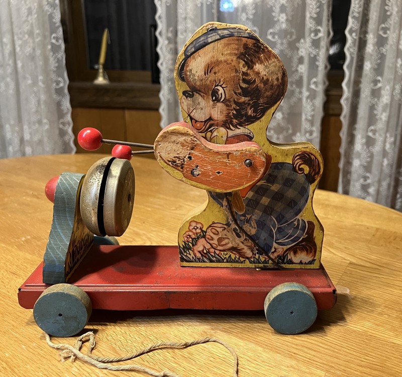 1950s Vintage Gong Bell Pudgy Bear Pull Toy Wooden