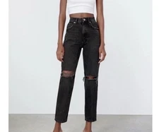 Zara (6) black classic fit high waist straight leg mom denim jeans 
