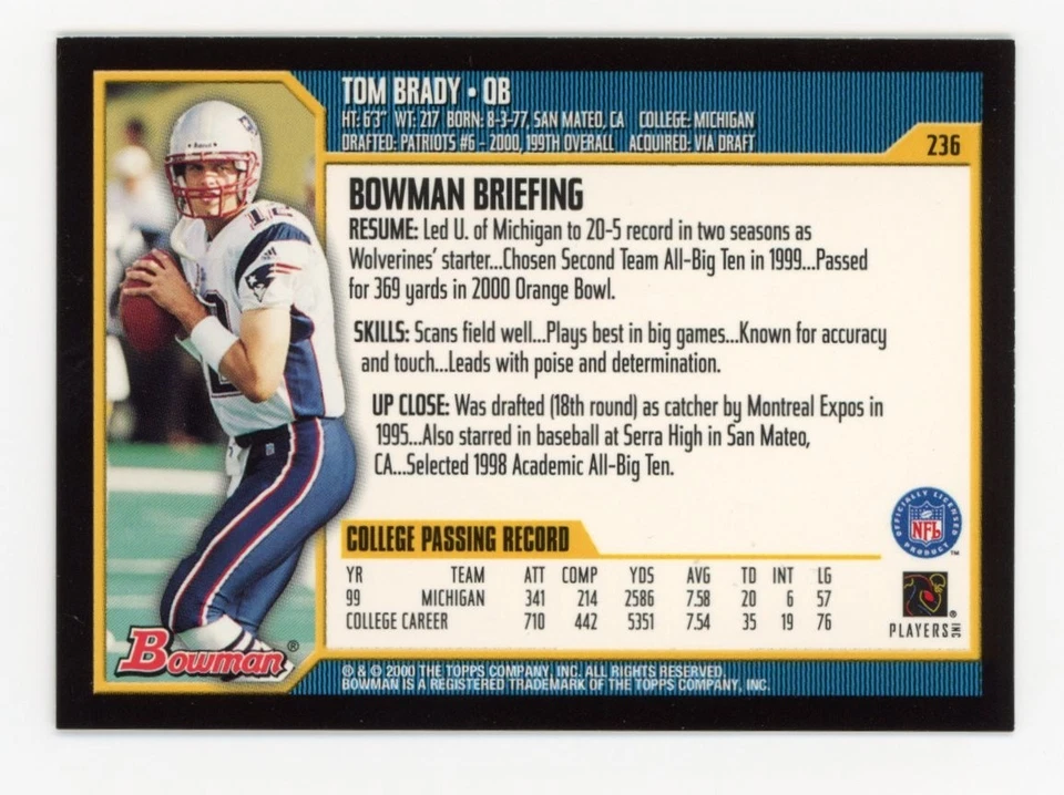 2000 Bowman Tom Brady #236 RC GOAT HOF Patriots Buccaneers Rookie - Image 2 of 3