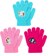 3 Pairs Unicorn Kids Gloves Winter Girls Gloves Full Fingers Knitted Toddler Glo