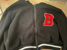 New Look Women's Black cropped Full Zip Hooded Hoodie L Solid Embroidered Logo