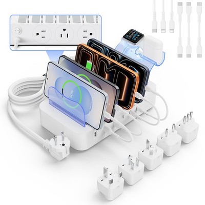 60W Charging Station for Multiple Devices, 6 Port European Travel Adapter wit...