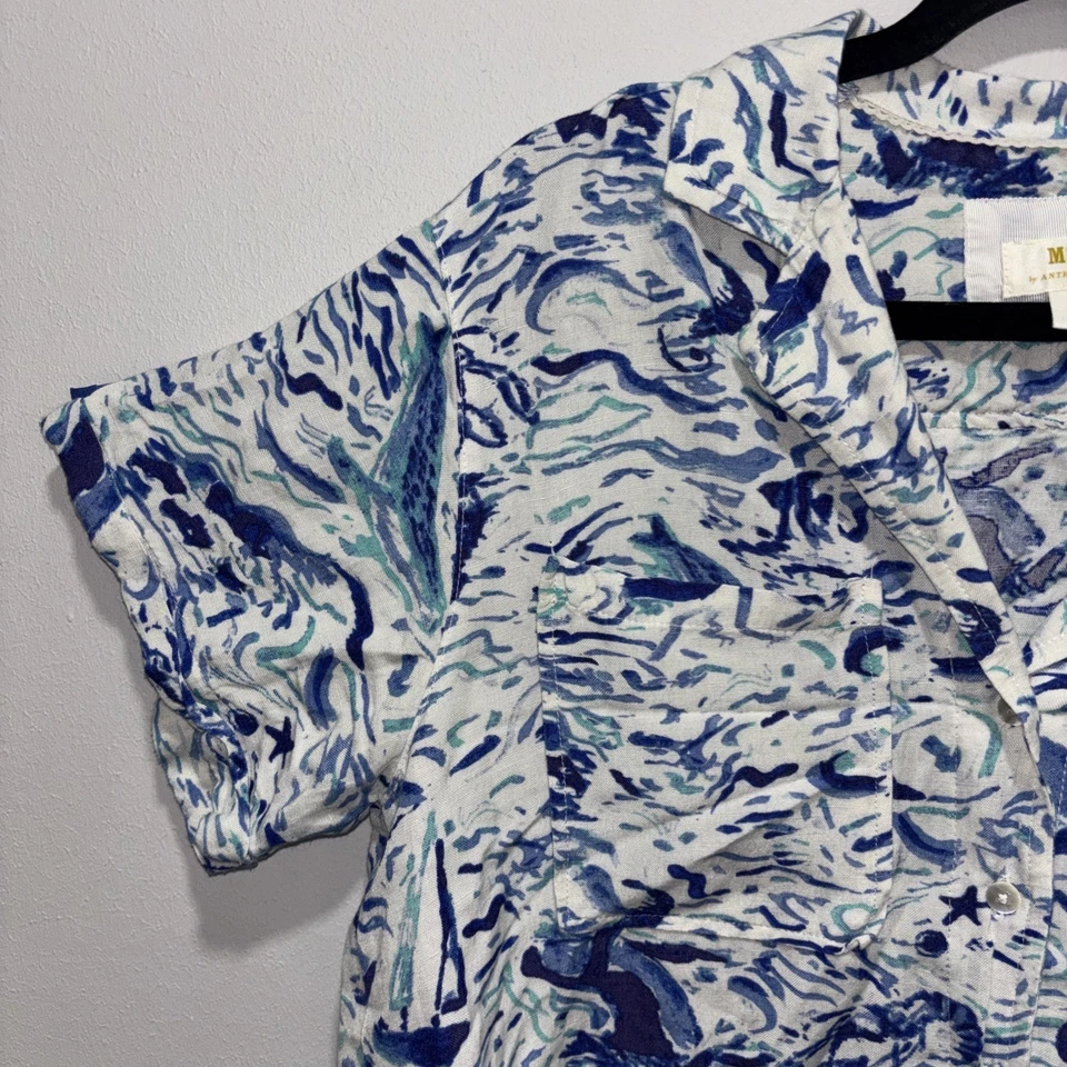 Top Maeve para mujer pequeño azul blanco mezcla de lino surf olas vela playa ballena costera Foto 2 de 4