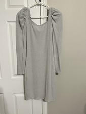 EXPRESS Size XS Women's Gray Ribbed Sweater Dress Square Neck Puff Sleeve