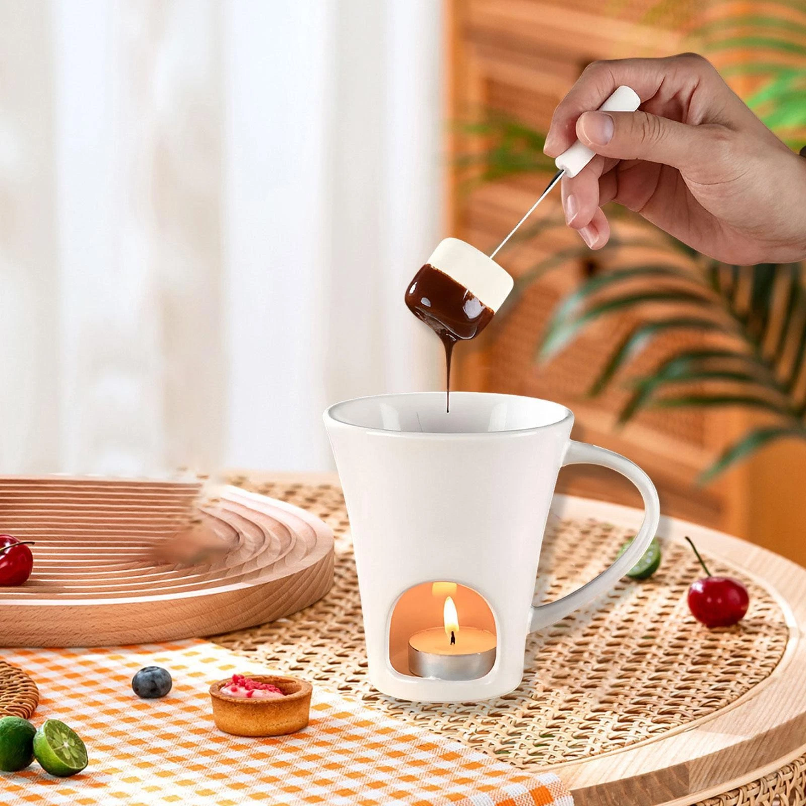 Fondue Cup White with Fork Cookware Candy Hot Pot Butter Warmer Cheese Kitchen