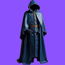 Luxurious Blue Leather Hooded Cloak with Fur Collar