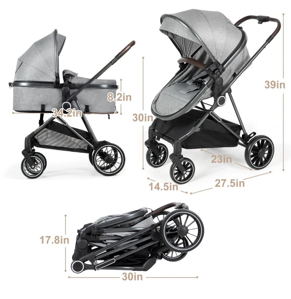 2-in-1 Baby Stroller with Bassinet Mode - Folding Infant Newborn Toddler Pram - Image 4 of 4
