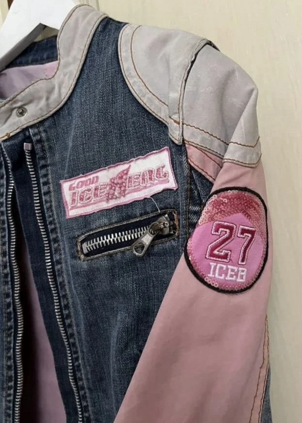 Chaqueta de moto Iceberg de cuero y mezclilla para mujer cremallera completa, manga larga XS Foto 3 de 4