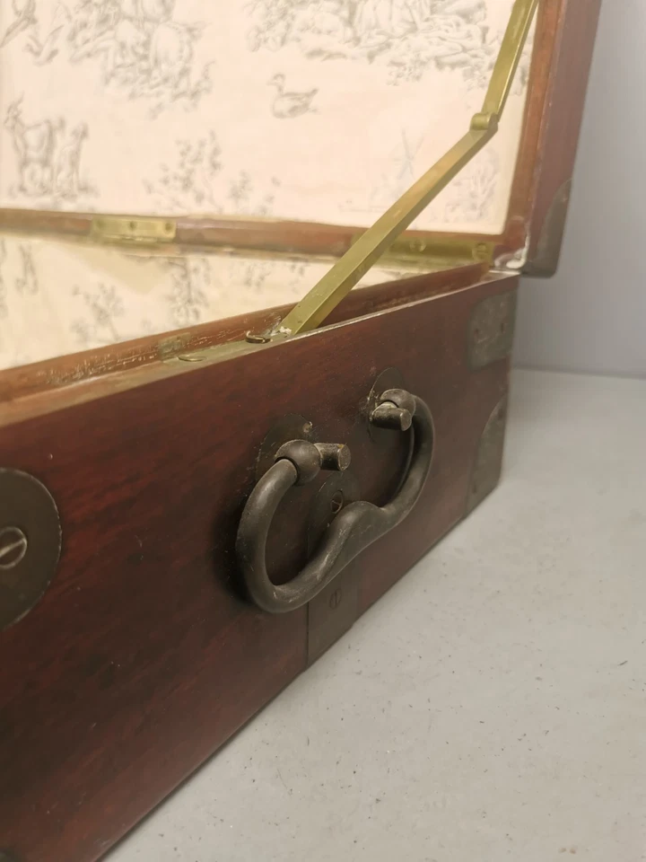 MALLE de Voyage en Laiton & BOIS ACAJOU Debut XXe Valise Transport Ancien P5 - Photo 4/4