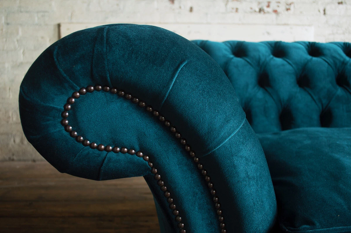 Handmade 3 Seater Plush Dark Teal Blue Velvet Chesterfield Sofa Fabric Couch