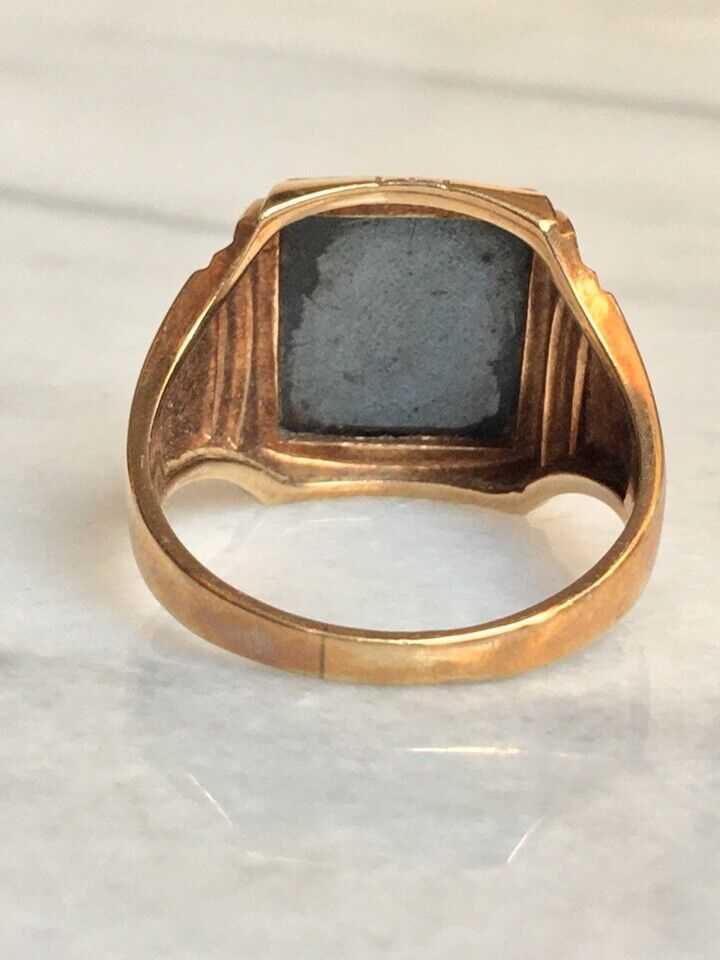 MEN'S YELLOW GOLD ROMAN WARRIOR ONYX INTAGLIO SIGNET RING SIZE 11.5