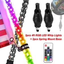 Pair 4FT Spiral RGB LED Whip Light Antennas w/ Spring Mount Base For ATV UTV RZR