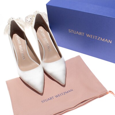 Stuart Weitzman NWD Forever Crystal Bow 75 Heels Size 8 US in White Satin
