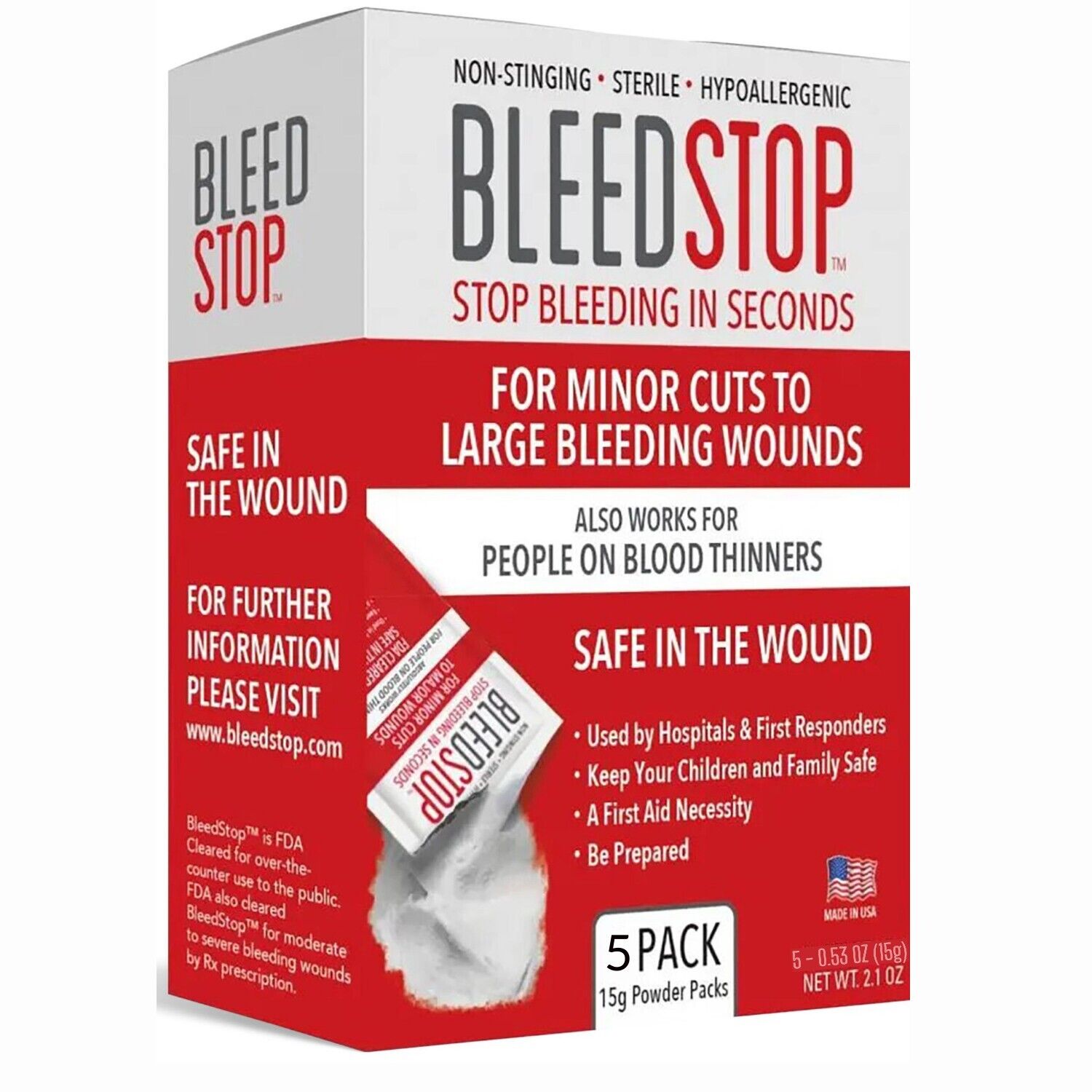 Bleedstop™ First Aid Powder For Blood Clotting, Trauma Kit - 5 Pk (15G) Pouches