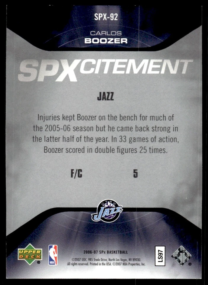 2006-07 SPx SPXcitement Carlos Boozer /2999 Utah Jazz #SPX-92 - Image 2 of 2