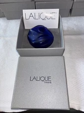 Lalique Crystal Royal Palm Cobalt Blue Bud Vase France Signed Glass Flower Vase