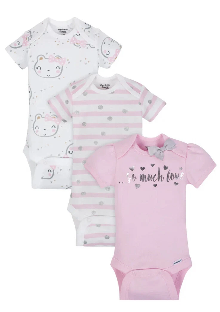 New Gerber Baby Girls 3 Pack Organic Cotton Onesies Sz 0 3 Months Newborn E22
