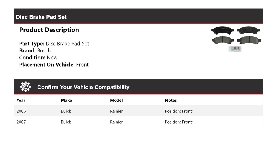 Pastillas de freno delanteras semimetálicas QuietCast para Buick Rainier Bosch 2006-2007 Foto 2 de 3