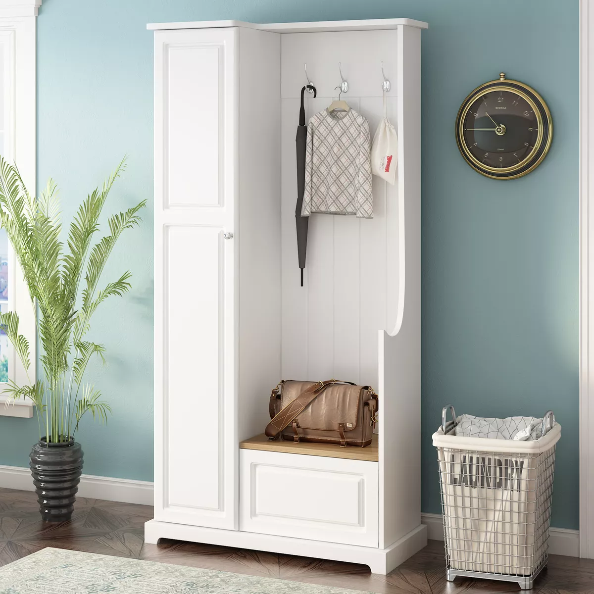Hall Tree with Bench and Shoe Cabinet Flip Up Storage Bench and Coat Rack