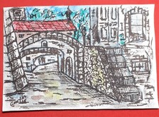 QUADRI DISEGNO SU TELA PAESAGGIO BORGO DIPINTO A MANO BELLO 9 X 13 ARREDO CASA