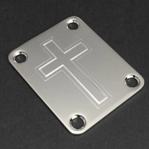 GUITAR NECK PLATE - Engraved Etched - CROSS Faith - Fits Fender - CHROME
