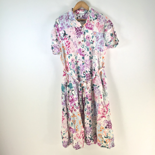 Preview shirt dress womens 14 white floral linen blend short sleeve belt 112771 - 第 1/9 張圖片