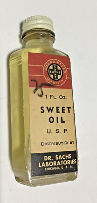 Glass Bottle Sweet Oil USP Dr Sachs Laboratories Chicago USA 1 Fl Oz Vtg Prop