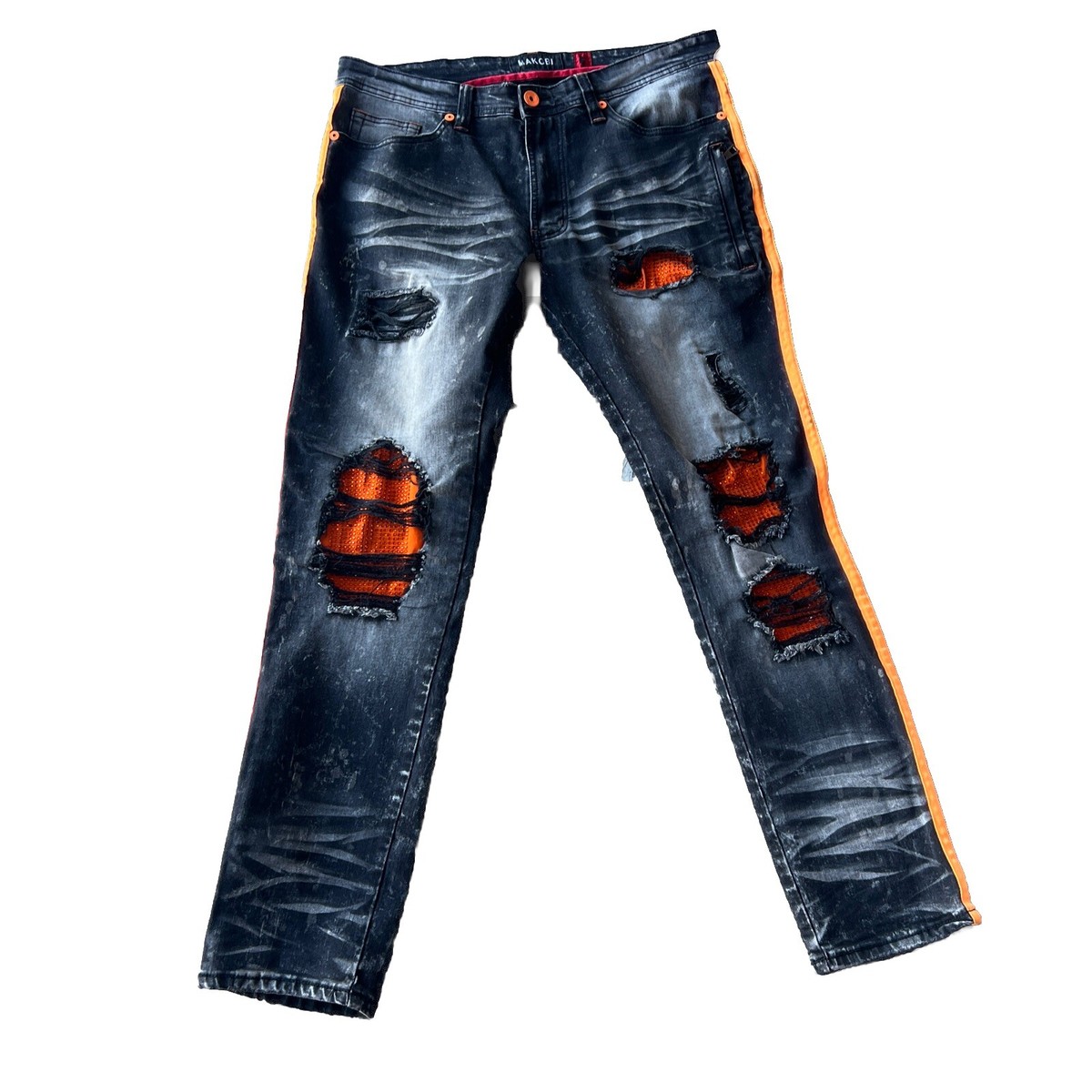 MAKOBI デニム Makobi Mens Distressed Shredded Denim Orange Stripe Y2K