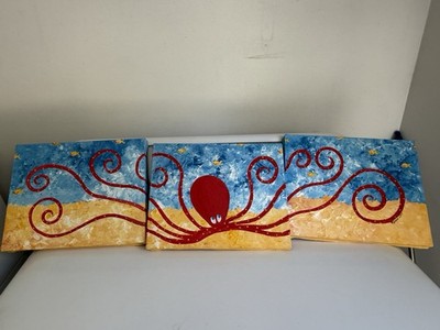 Rebecca Duffy Art 3-PANELS Octopus W/ Fish Kids RoomCanvas Red Blue Yellow Coast