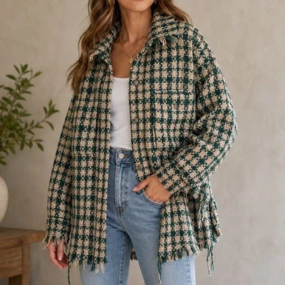 Cloud Ten Green Houndstooth Tweed Fringe Shacket Jacket Small E1 - Bild 1 von 4