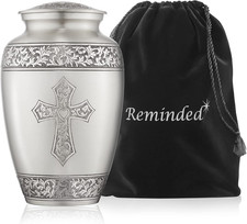 Reminded Adult Cremation Memorial Urn for Human Ashes, Pewter Etched Cross Funer