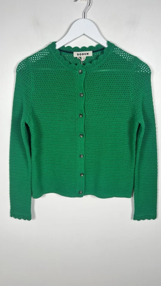 Suéter Cárdigan BODEN Pequeño Verde Crochet Tejido Borde Festoneado Abotonado NUEVO Foto 3 de 4
