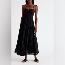 Free People Sundrenched Solid Maxi Dress Black Cotton Size M Smocked Tiered Boho