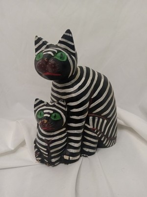 Vintage Hand Carved Painted Wood Black & White Striped Cat Figure 7'' Indonesia 