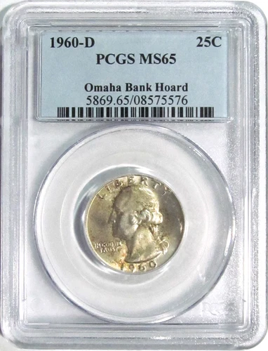 1960-D WASHINGTON Silver Quarter OMAHA BANK HOARD PCGS MS 65