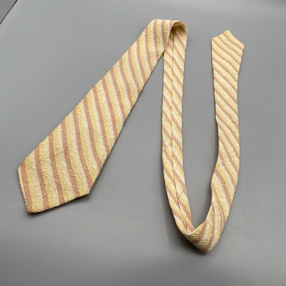 Vtg 40s 50s Wembley Striped Pastel Tie 51 x 3.5 in Pink Yellow Textured Crepe - Image 4 of 4