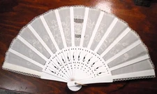 Folding Hand Fan Linen & Lace Floral White Oriental Philippine Asian Vintage