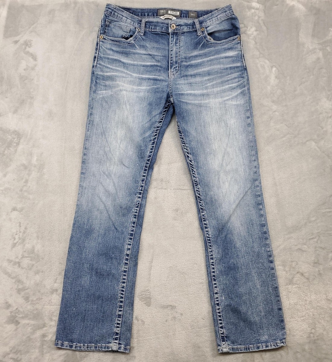 BKE Tyler Jeans Mens 36L Blue Light Wash Straight Leg Stretch - Main Image