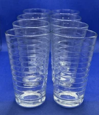 Vtg Signed Crisa Ribbed Banded Hoops Clear Glasses Set of 9 MCM 10oz