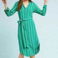 Anthropologie Belted Shirt Dress 0 Green Striped Long Sleeve Lightweight