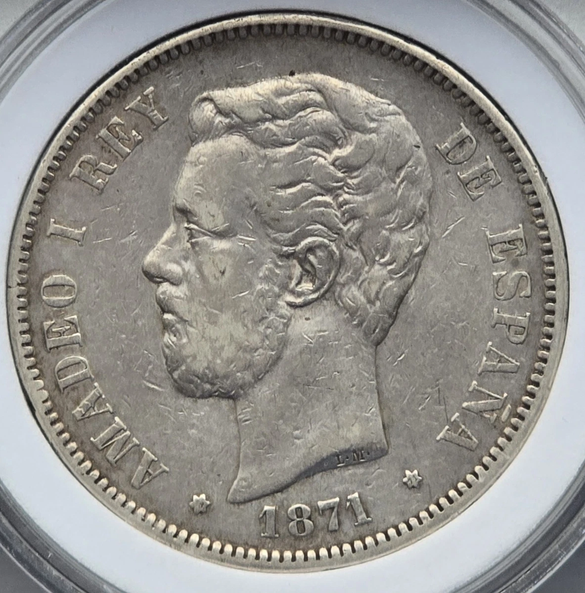 1871-SD Ｍ（稀少）スペインアマデオ1世 5ペセタ大型銀貨　PCGS認証 スペイン 5ペセタ大型銀貨 1871年銘 アマデオ1世 刻印入 流通美品