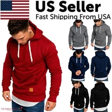 Men Hoodie Casual Hooded Solid Pocket Slim Fit Sweatshirts Pullover Sweater Tops