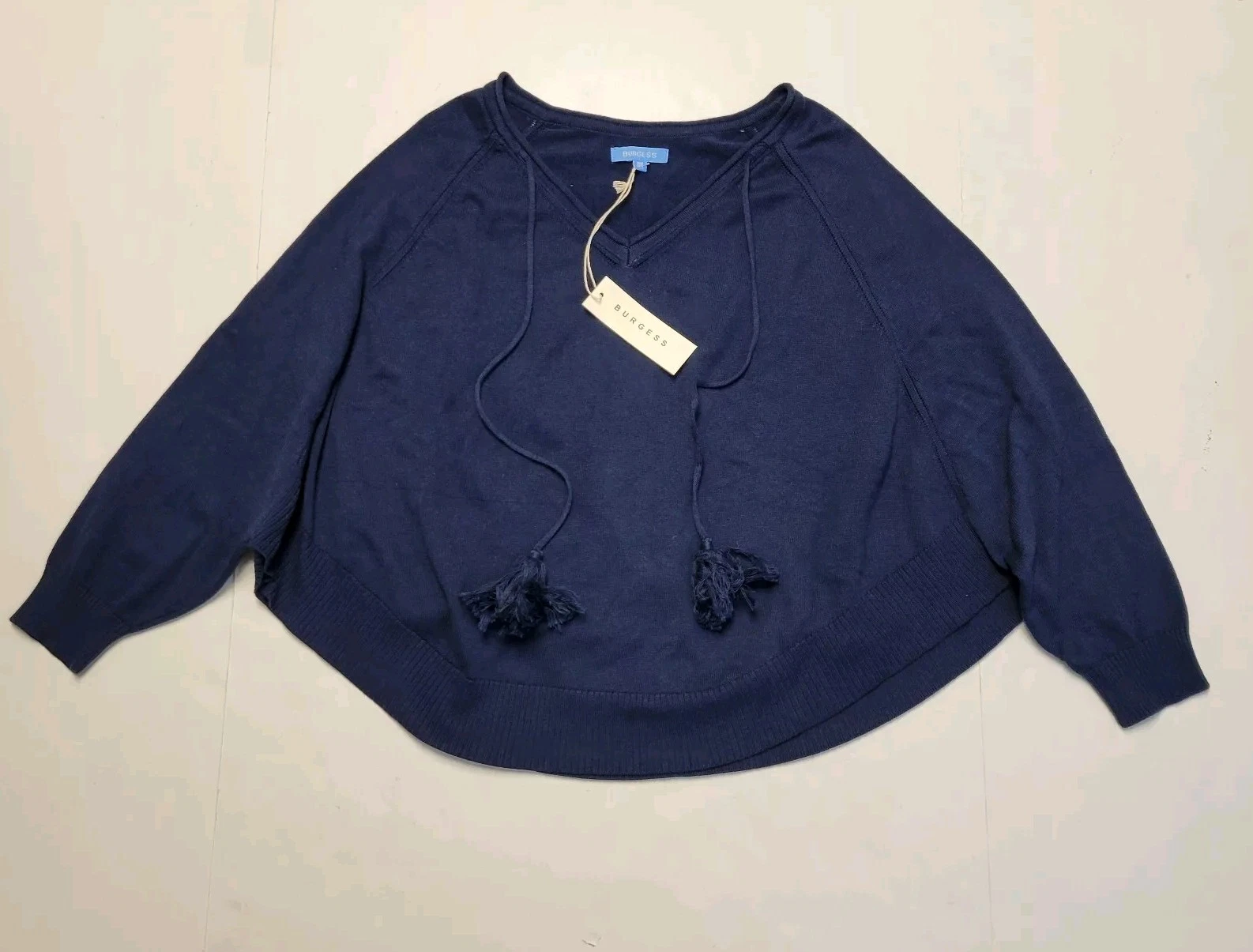 BURGESS V-Neck Poncho Sweater Knit Pom WOMEN One Size Tess Hello Sailor Blue