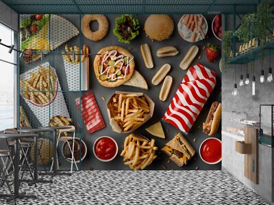 3D Pizza French Fries Bread Fast Food Wallpaper Wall Murals Removable Wallpaper