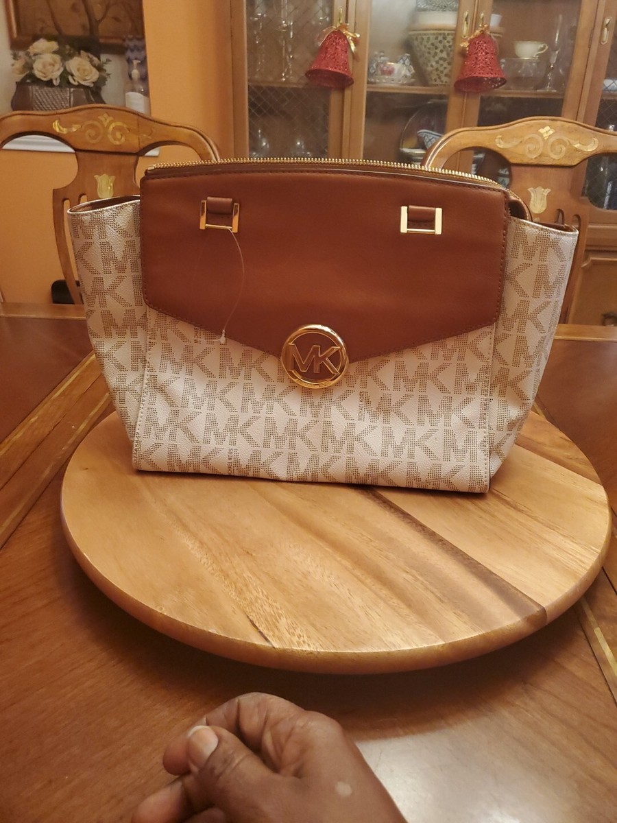 Michael Kors Hudson Signature Vanilla Acorn Leather Satchel
