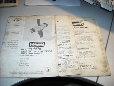Vintage Craftsman Tools Owner's Manual & Parts Lists, Sears & Roebuck ...