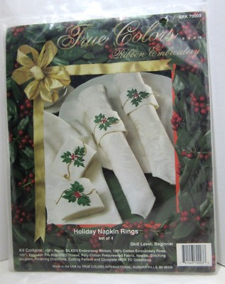 TRUE COLORS RIBBON EMBROIDERY HOLIDAY HOLLY NAPKIN RINGS KIT 70003