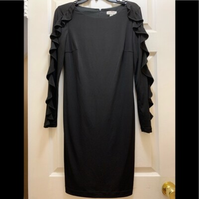 Calvin Klein Womens Black Long Ruffle Sleeve Sheath Dress Size 4 Whimsigoth  | eBay